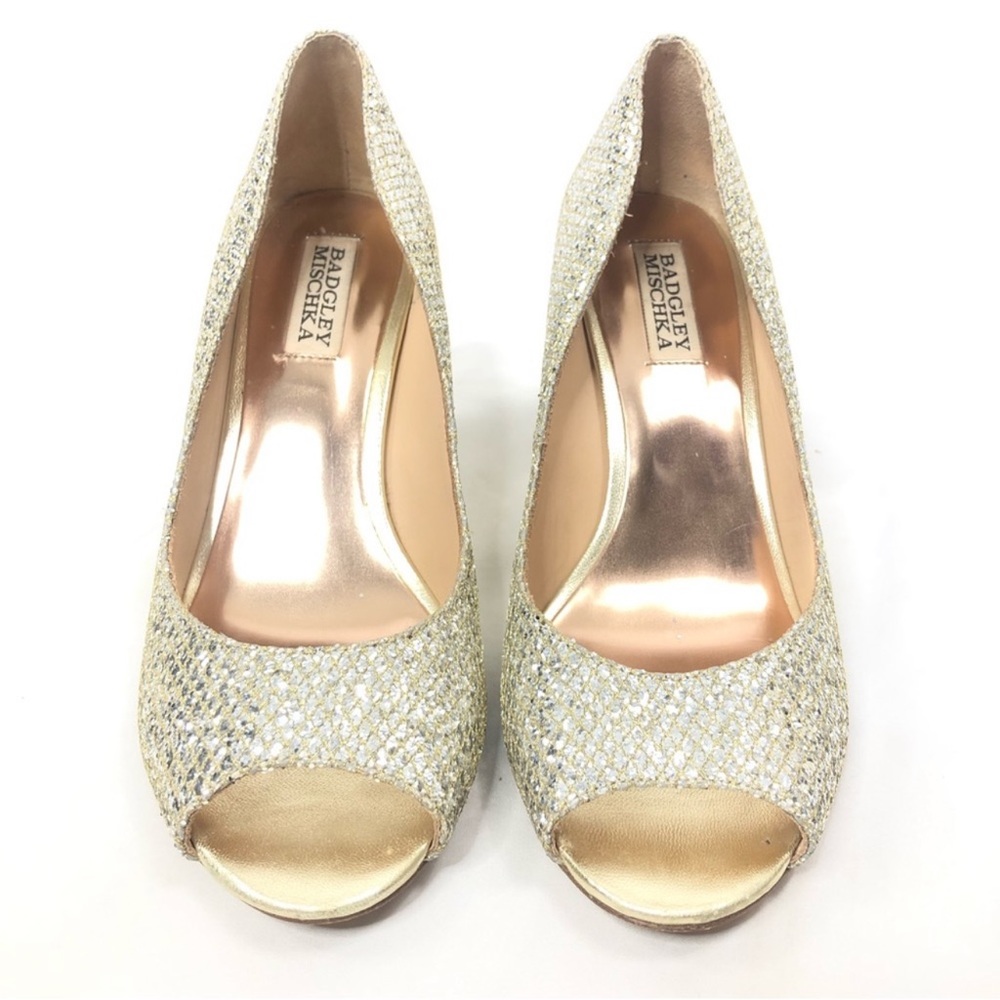 Badgley Mischka Awake Gold Glitter Wedge Peep Toe